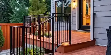 Black iron railing along a lit wooden deck at night