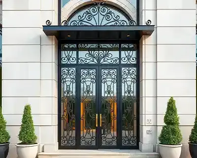 Arched iron-and-glass entry doors with a scrolled canopy