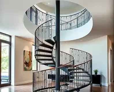 Black iron spiral staircase rising through a rotunda