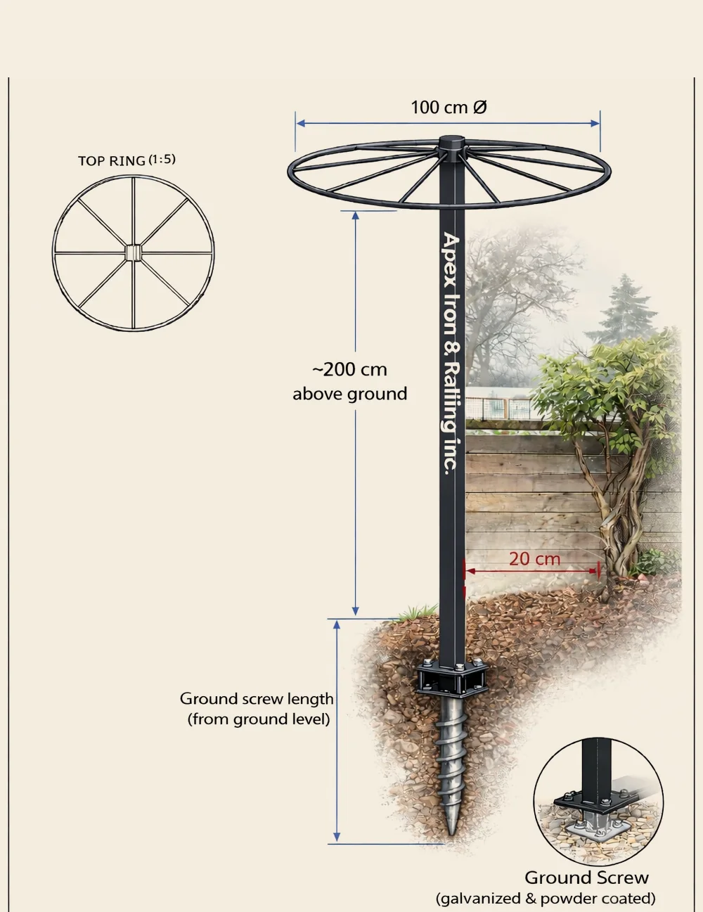 Apex Iron & Railing technical drawing of a custom wisteria trellis post, marked with its dimensions